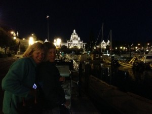 Jill and Joanne returning to boat after dinner in downtown Victoria