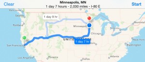 Yountville, CA to Minneapolis, MN: 2,030 miles/3,266 KM