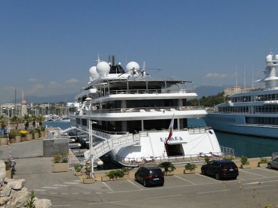 One of the mega-yachts moored in the harbor.