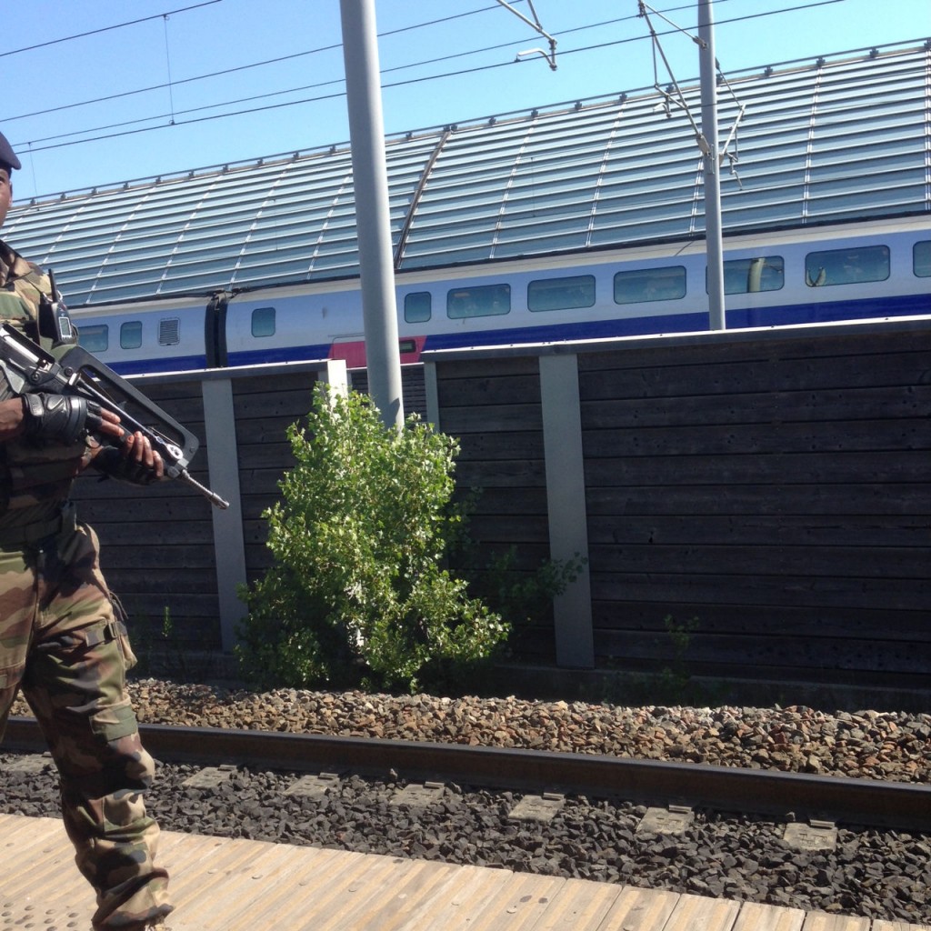 One of four soldiers patrolling Avignon train station.  Picture taken surreptitiously. 